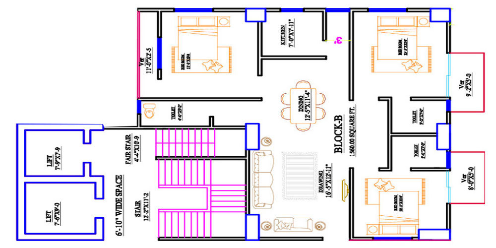3 Bed 4th Floor Block B 1390 SFT